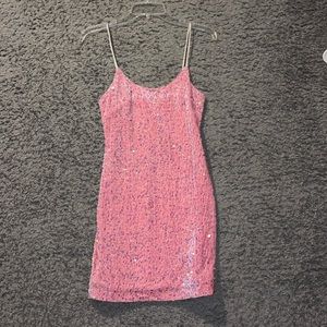 Sparkly pink mini homecoming dress.